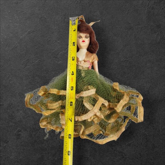 Vintage 1950s Hard Plastic Bridesmaid Doll 8” Sleepy Eyes Tulle Dress Green Gold - Picture 9 of 9
